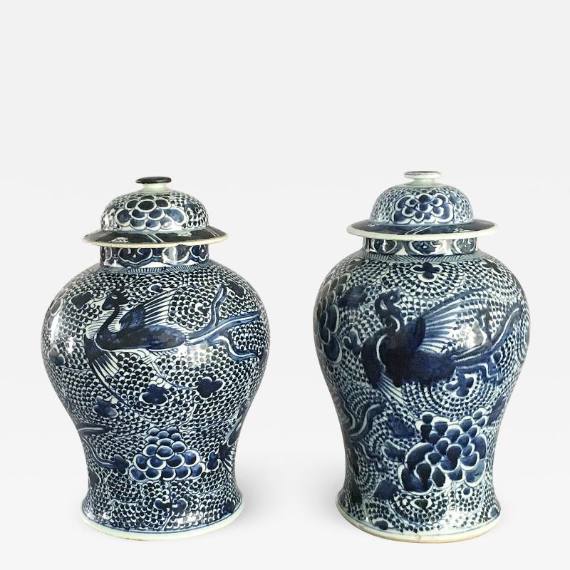 Chinese Mached Pair Blue and White Vases and Lids