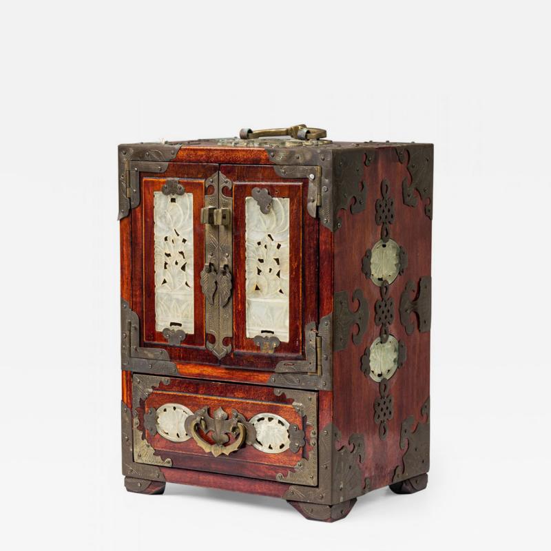 Chinese Mid Century Inlaid Metal 4 Drawer Jewelry Box Cabinet