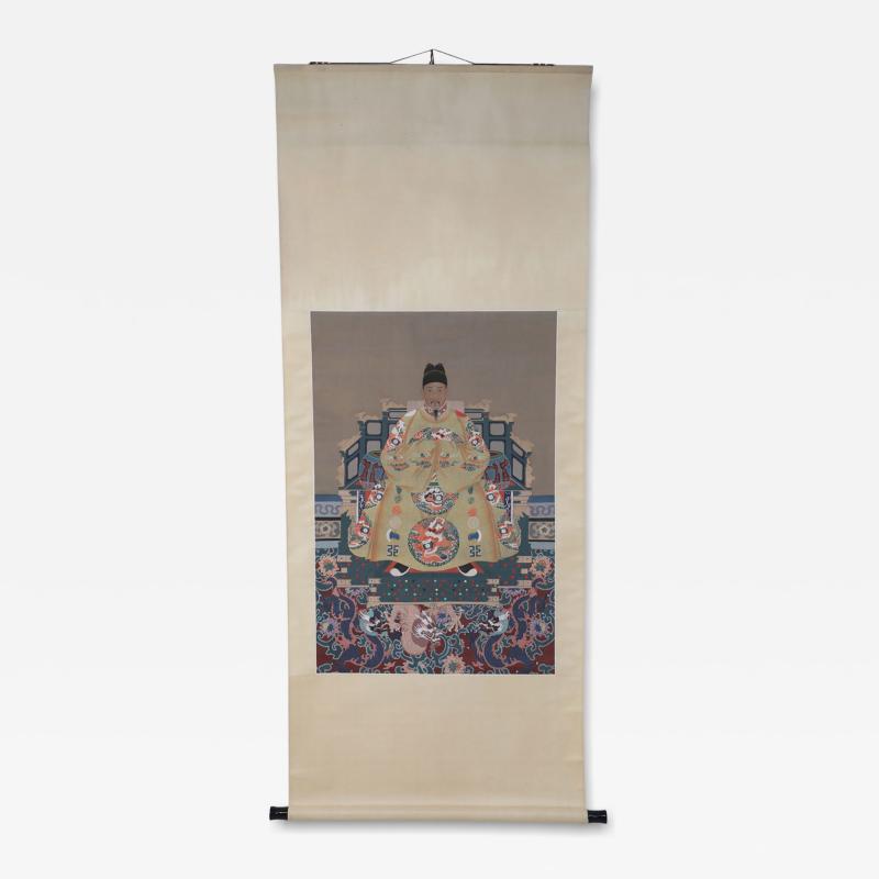 Chinese Ming Dynasty Style Paper and Silk King Portrait Hanging Scrolls