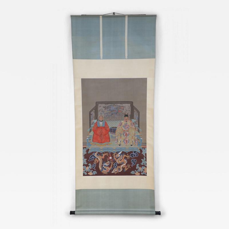 Chinese Ming Dynasty Style Paper and Silk King and Queen Portrait Hanging Scroll