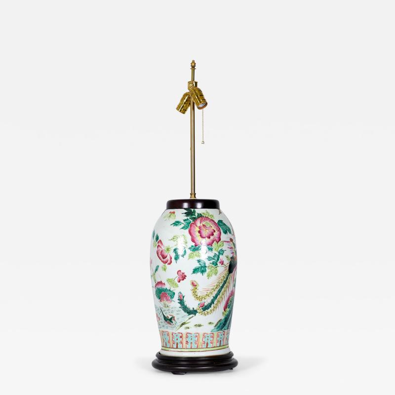 Chinese Multi Colored Famille Rose and Bird Design Porcelain Vase Table Lamp