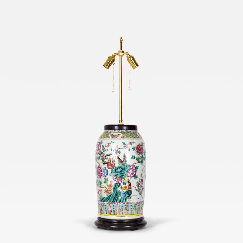 Chinese Multi Colored Famille Rose and Bird Design Porcelain Vase Table Lamp