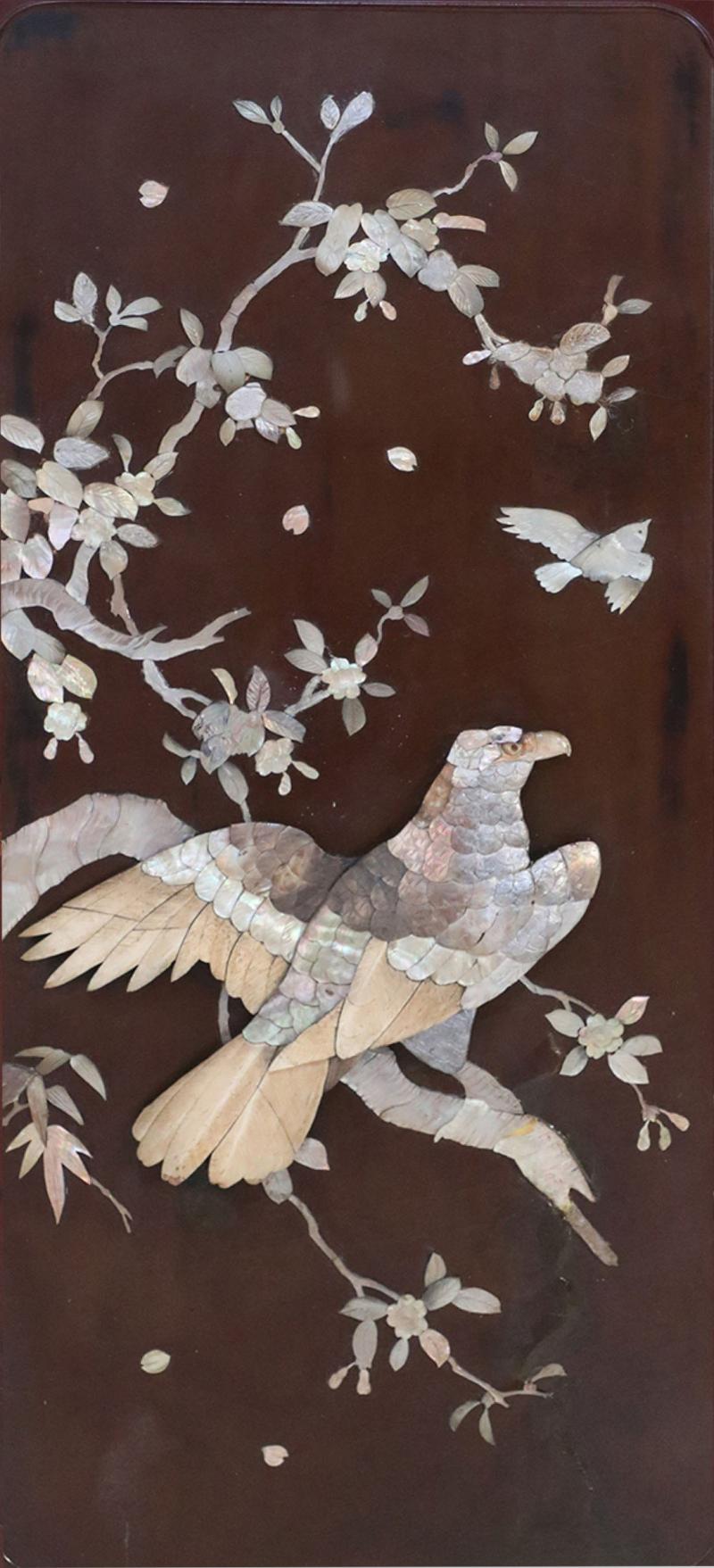 Chinese Panel Art Depicting Birds And Branches In Raised Mother Of Pearl Pieces