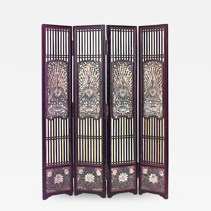 Chinese Polychromed 4 Fold Screen