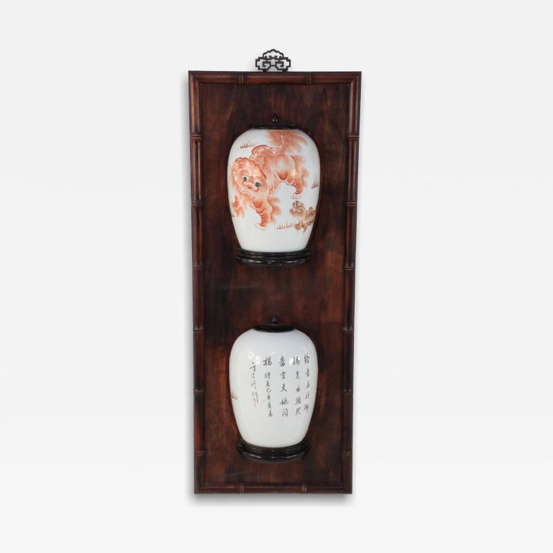 Chinese Porcelain and Wood Foo Dog Design Split Vase Wall Plaque
