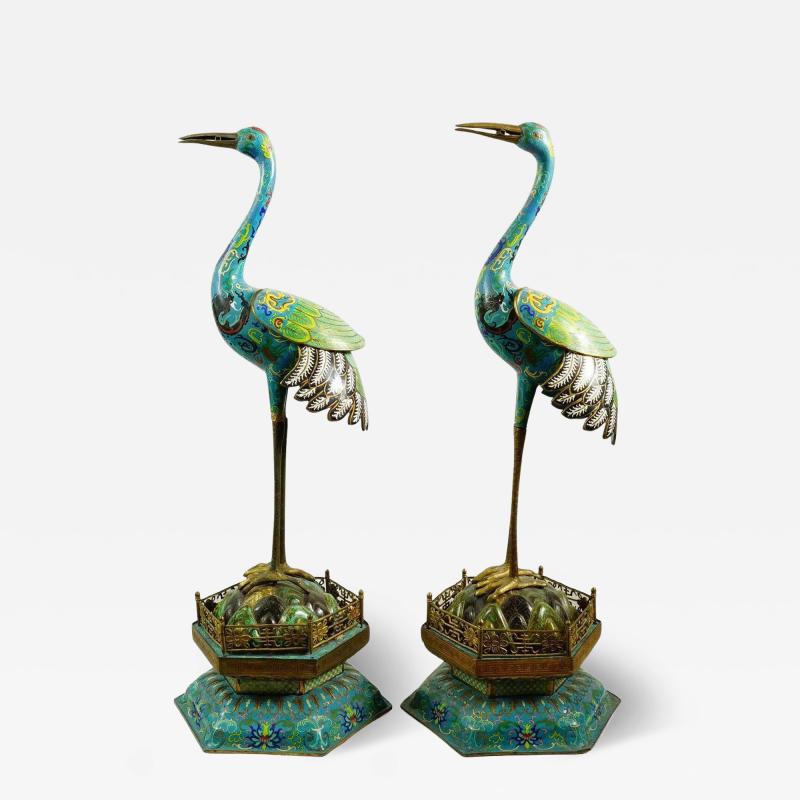 Chinese Qing Cloisonne Enamel Crane Figurines 19Th C