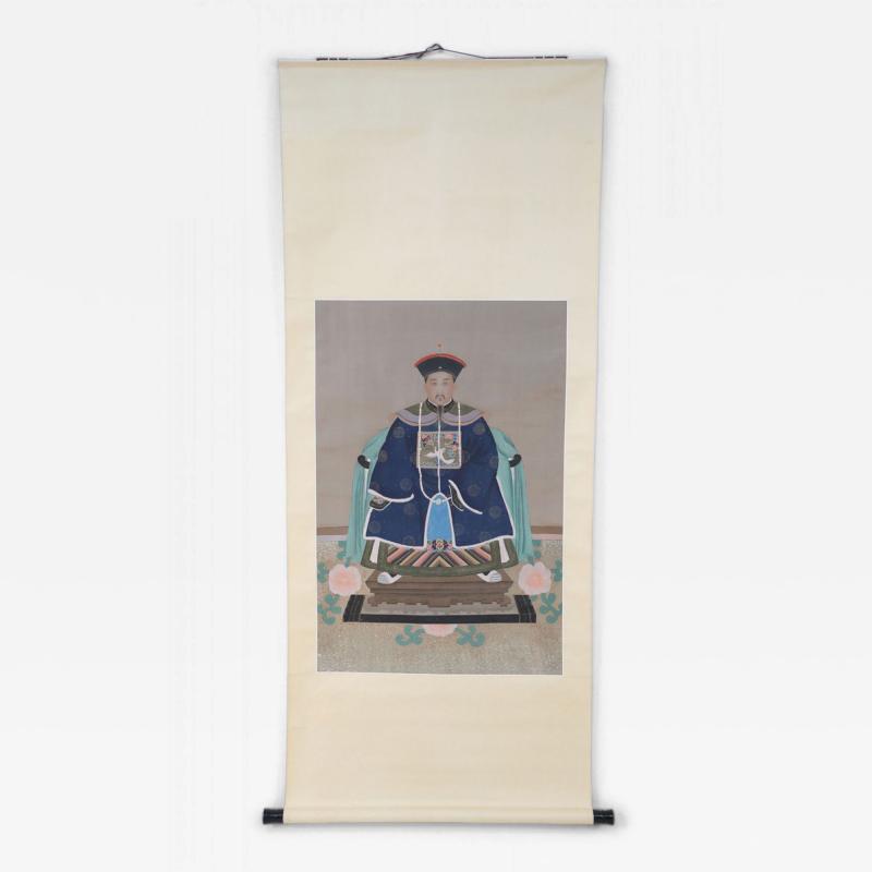 Chinese Qing Dynasty Style Paper and Silk King Portrait Hanging Scrolls