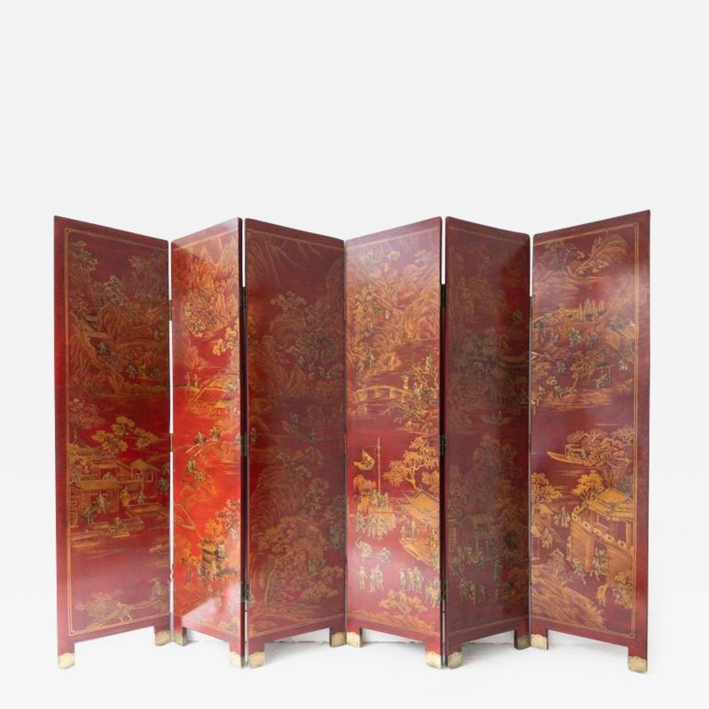 Chinese Red Lacquer 6 Panel Painted Gilt Decorated Screen