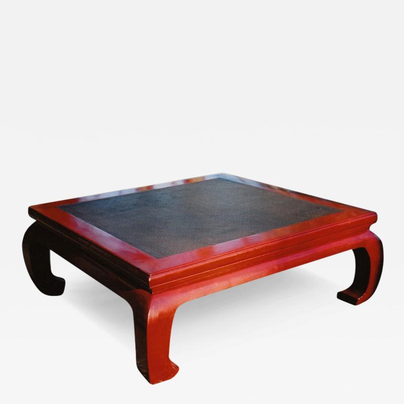 Chinese Red Lacquer Table with Rattan Top