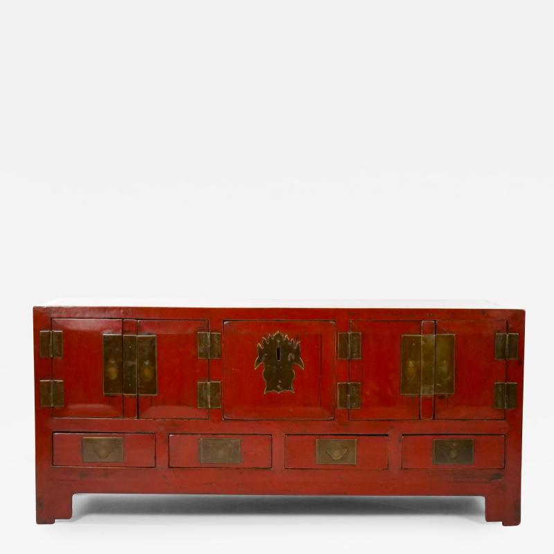 Chinese Red Lacquered Sideboard Low Center Table Four Drawers