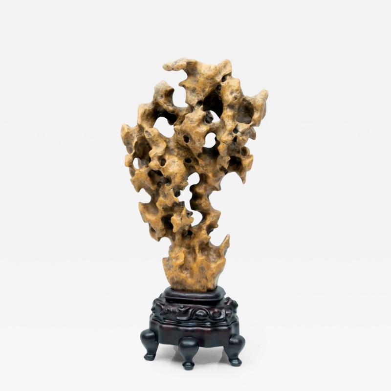 Chinese Scholar Rock Yellow Taihu Stone on Wood Stand