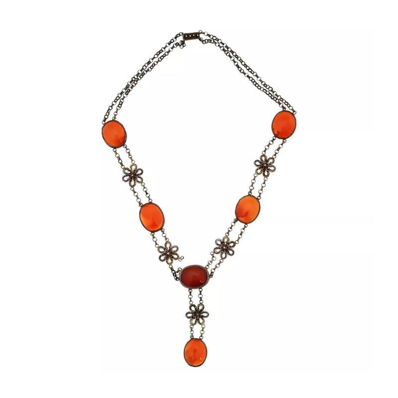 Chinese Silver Filigree And Agate Chain Necklace