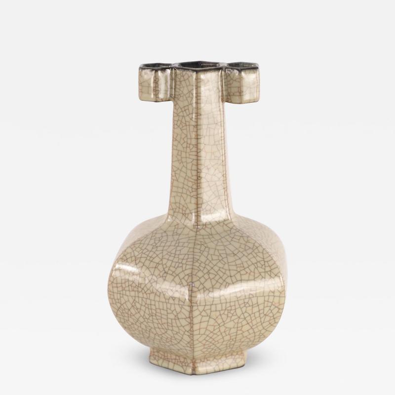 Chinese Six Sided Beige Crackled Porcelain Vase