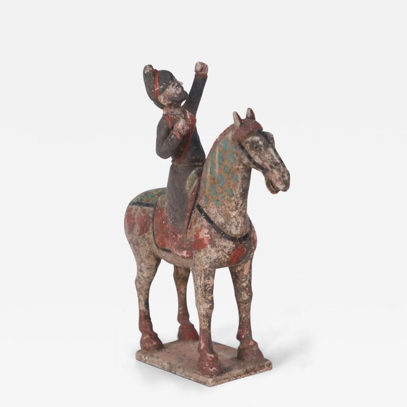 Chinese Tang Dynasty Style Man and Horse Terra Cotta Tomb Figure
