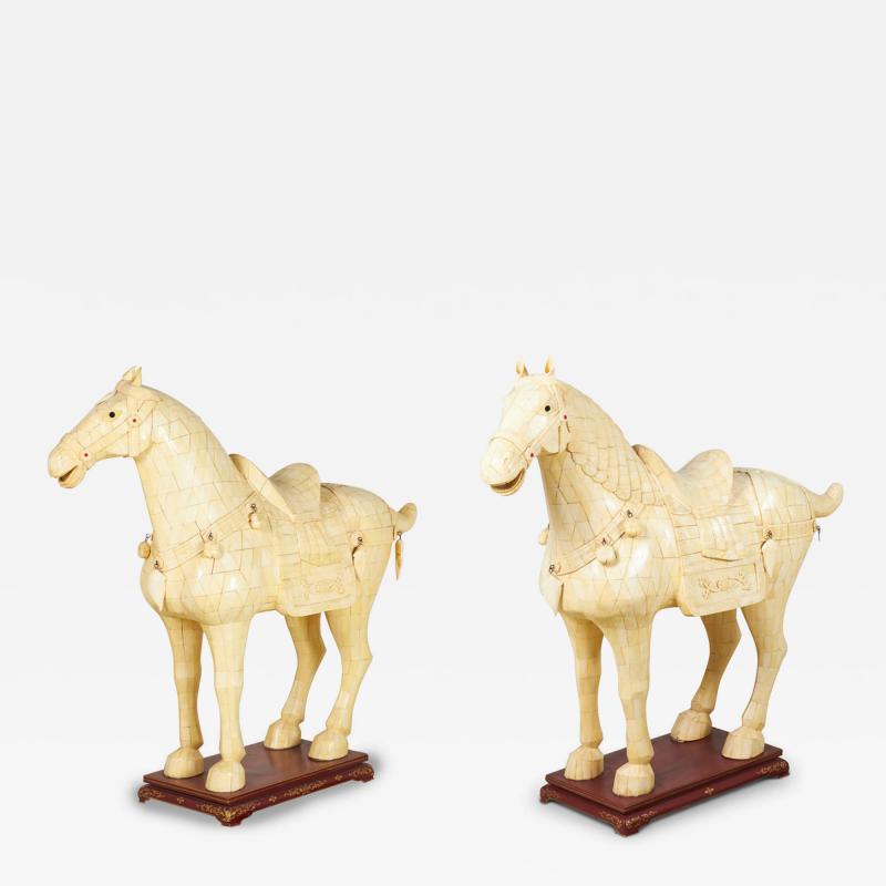 Chinese Tang Dynasty Style Tessellated Bone Veneer Monumental Horse Statues