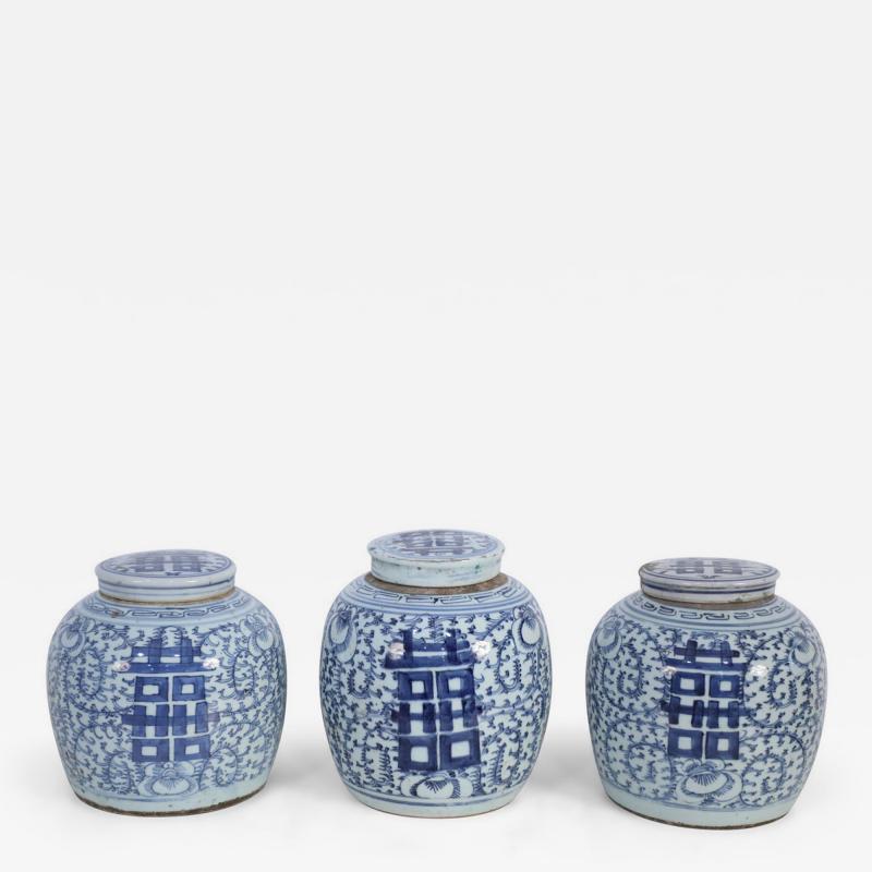 Chinese White and Blue Character Lidded Ginger Jar Vases