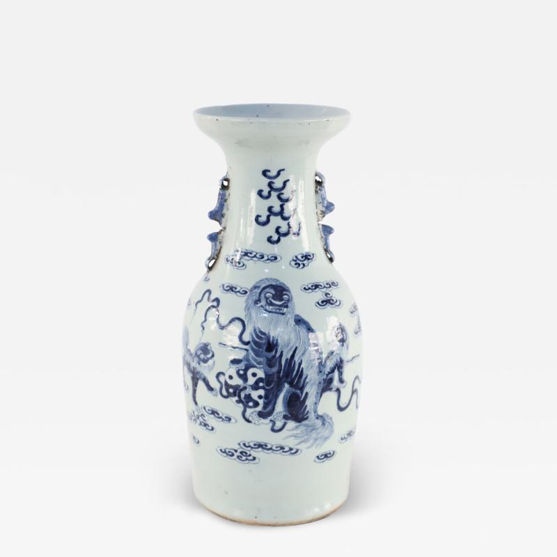 Chinese White and Blue Foo Dog and Serpent Design Porcelain Urn