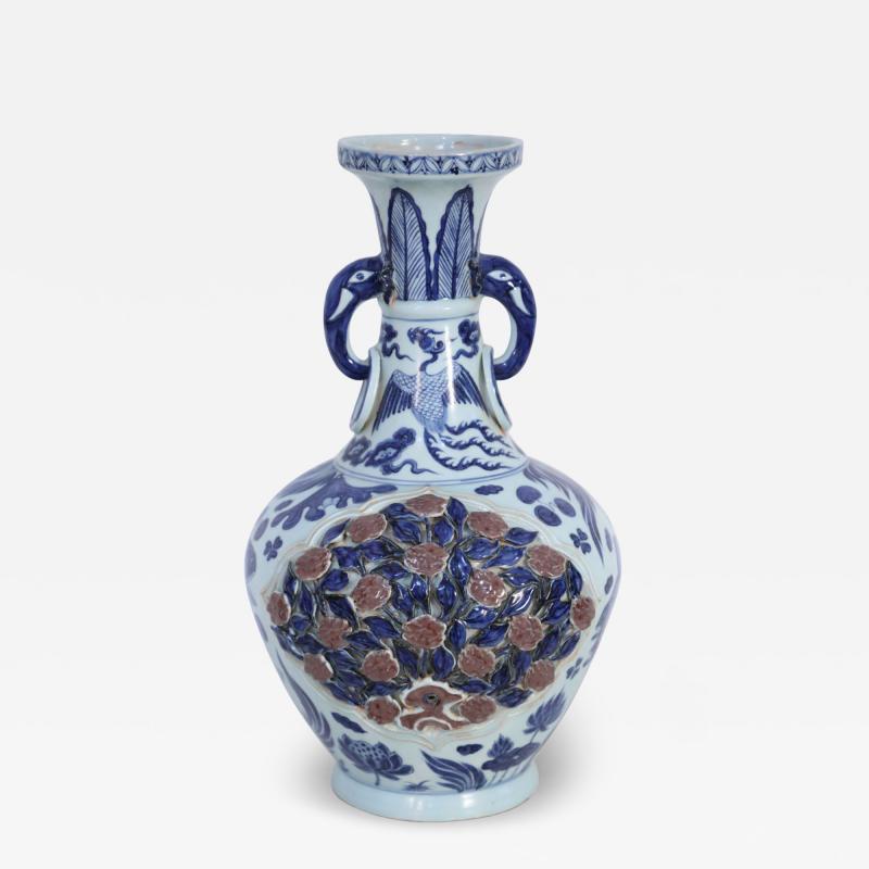 Chinese White and Blue Raised Rose Bush Design Porcelain Vase