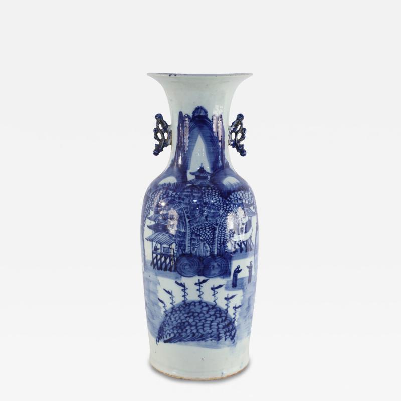 Chinese White and Blue Village Scene Porcelain Urn
