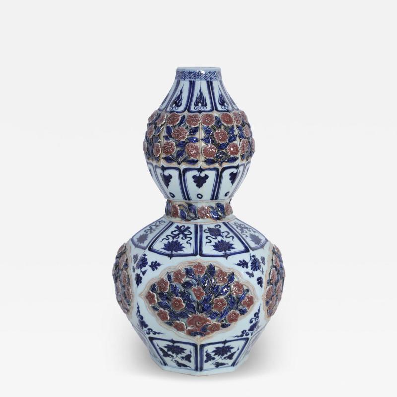 Chinese White and Blue and Raised Rose Design Double Gourd Porcelain Vase