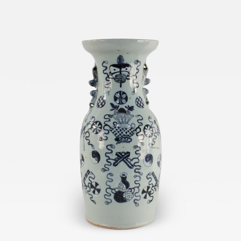 Chinese White and Navy Blue Symbol Patterned Porcelain Urn