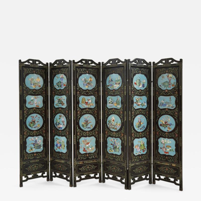Chinese folding screen mounted with cloisonn enamel panels