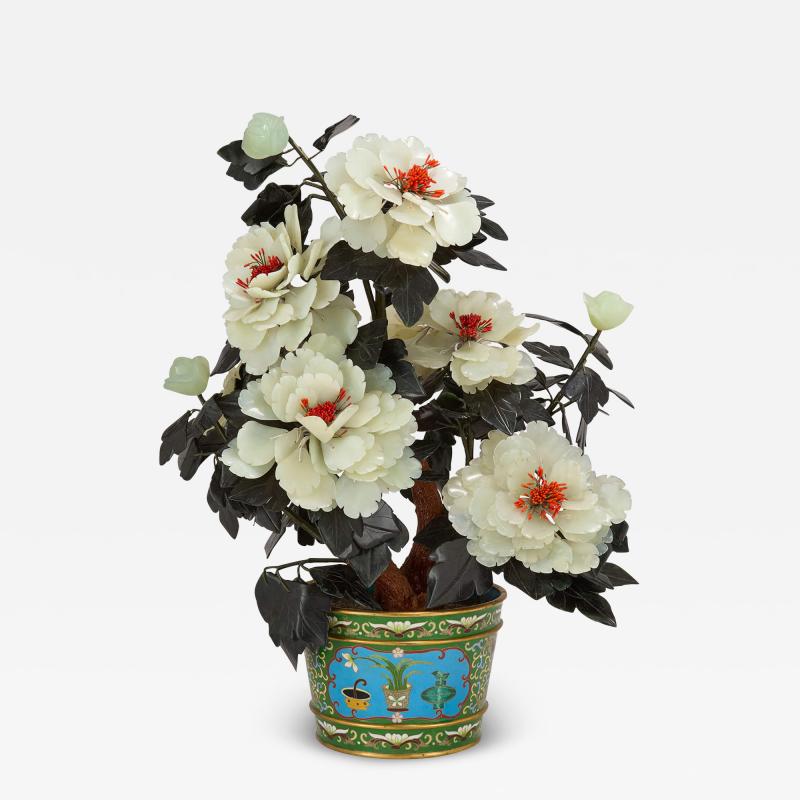 Chinese nephrite and agate peonies model in a cloisonn enamel pot