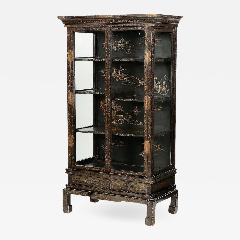 Chinoiserie Black Lacquer Bookcase Display Cabinet