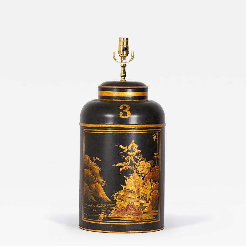 Chinoiserie Black and Gold Landscape Hand Painted Tole Tea Caddy Table Lamp