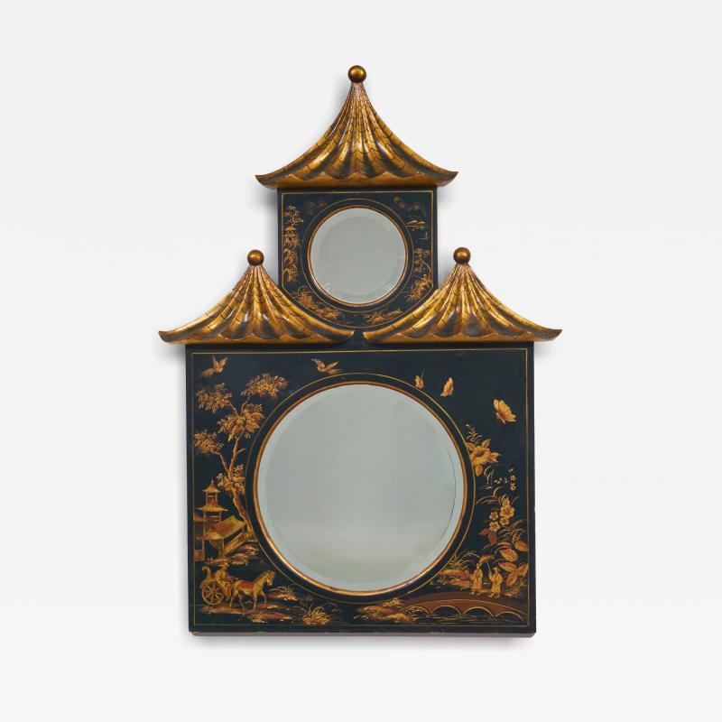 Chinoiserie Ebonized Two Tiered Pagoda Topped Mirror