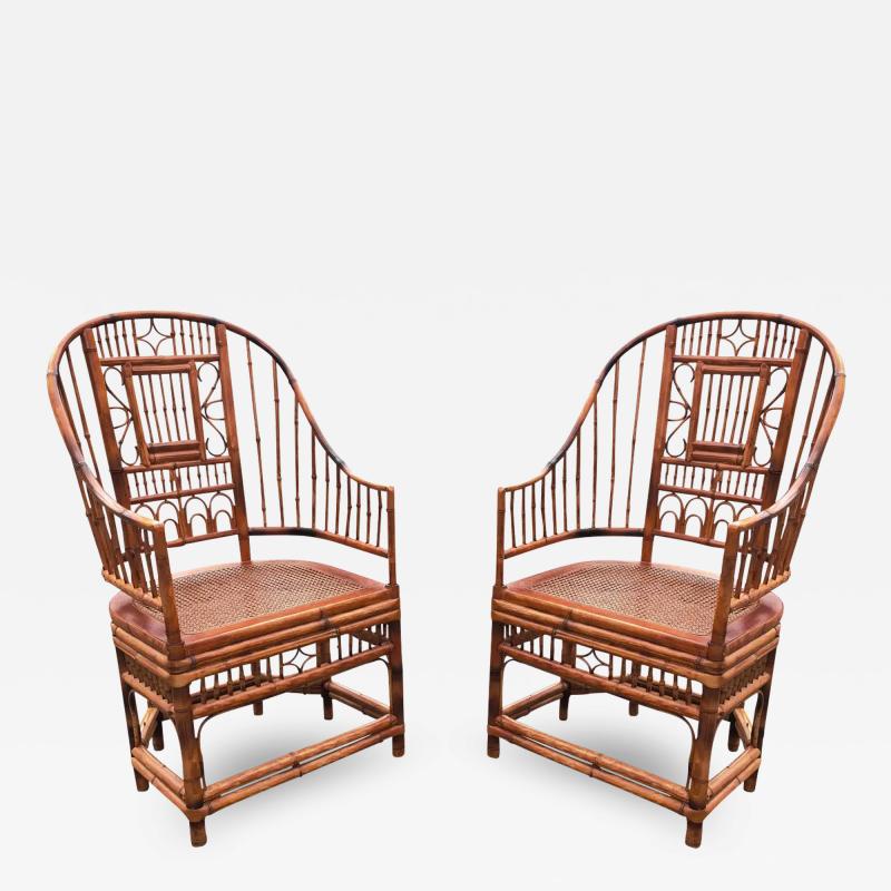 Chinoiserie English Bamboo Cane Pair Armchairs Manner of Brighton Pavilion