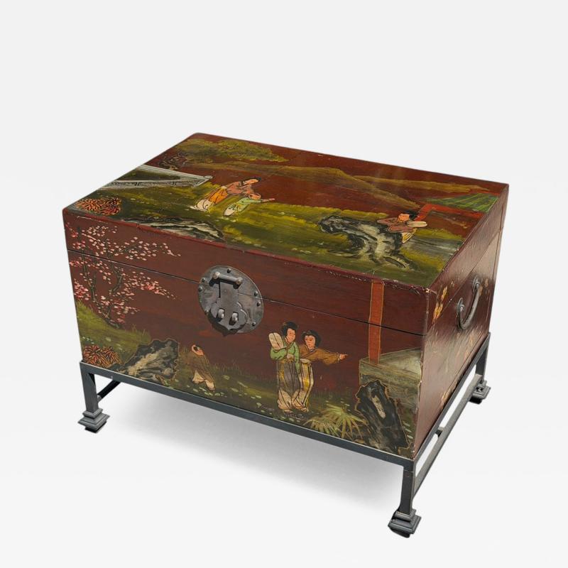 Chinoiserie Painted Chinese Trunk Chest on Stand Table