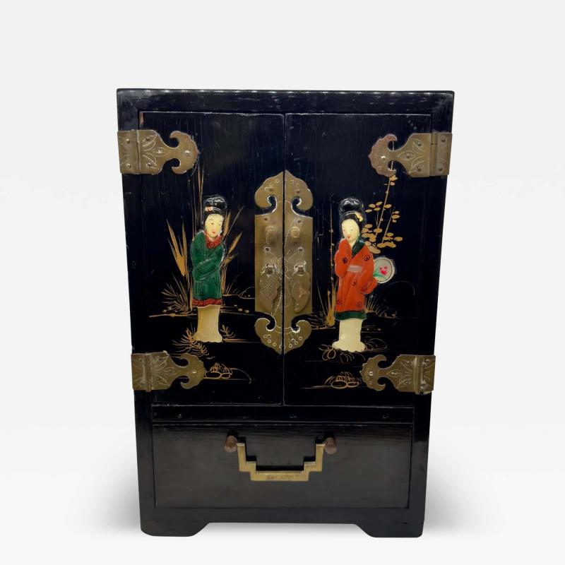 Chinoiserie Style Black Lacquered Jewlery Chest or Cabinet