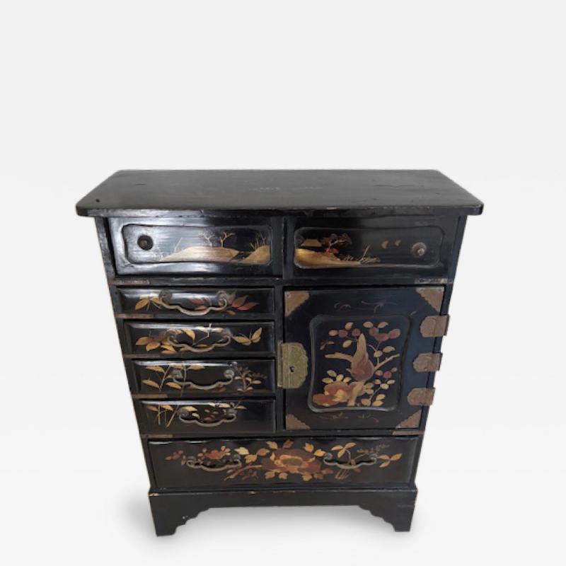 Chinses Black Lacquered Miniature Jewelry Cabinet