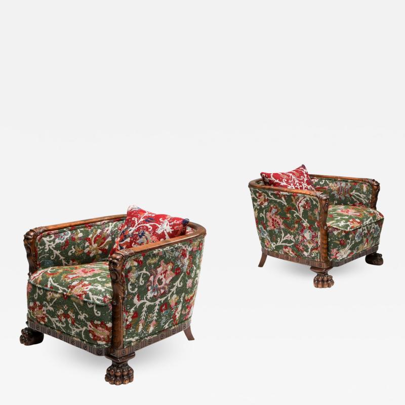 Chippendale Style Armchairs with Claw Feet Pierre Frey Jacquard 1900s