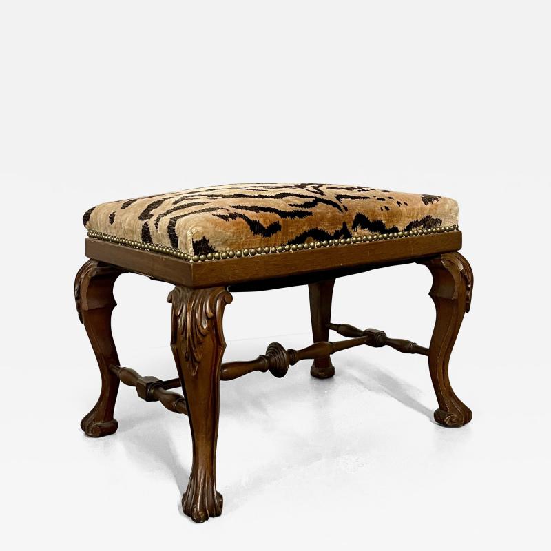 Chippindale Style Leopard Upholstered Foot Stool Bench Claw Feet Cabriole Legs