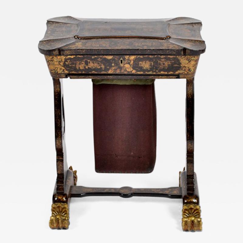 Chonoiserie Ebonized and Gilt Lacquered Sewing Work Table Mid 19th C 
