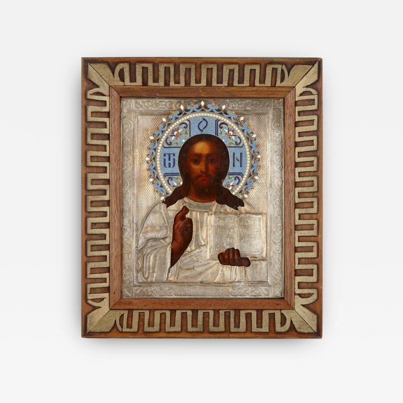 Christ Pantocrator A silver gilt and cloisonn enamel Russian Icon