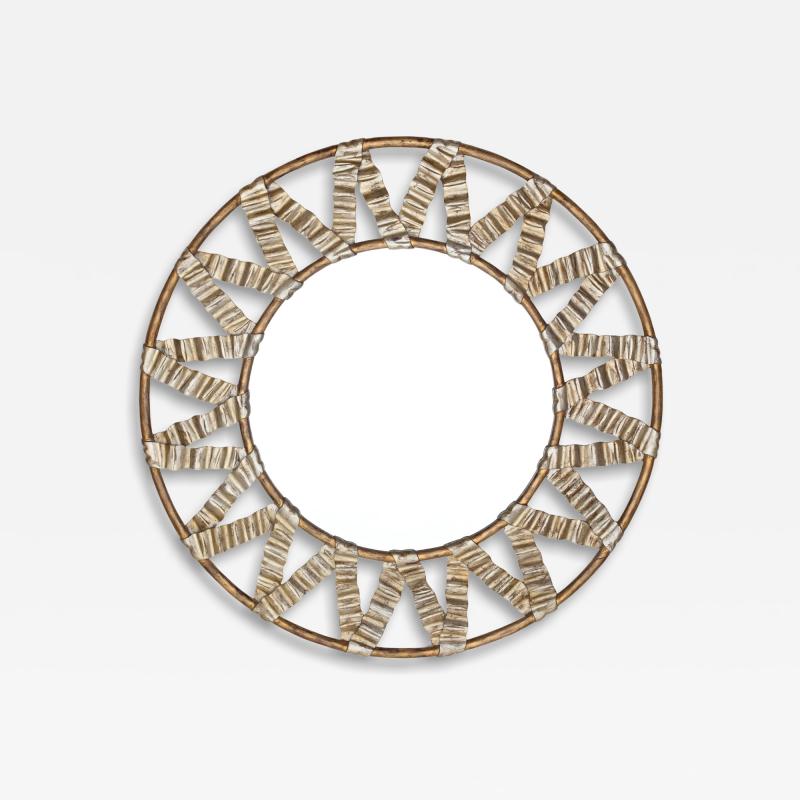 Christopher Guy Round mirror with carved wooden frame with ribbons C Guy Indonesia circa 1990