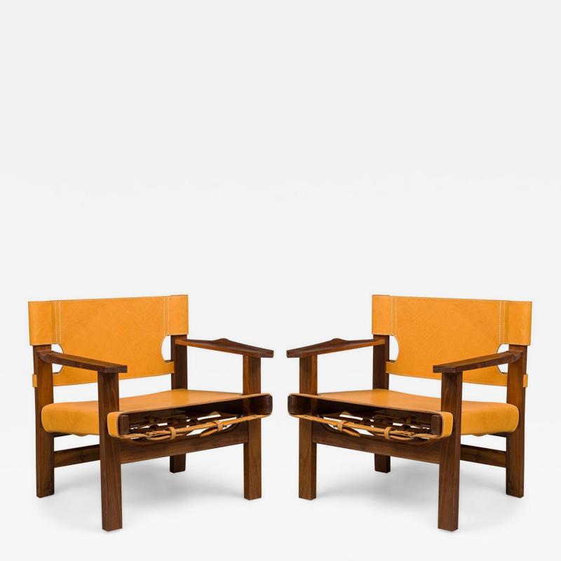 Cintro Contemporary Mid Century American Style Walnut Armchairs with Saddle Ta
