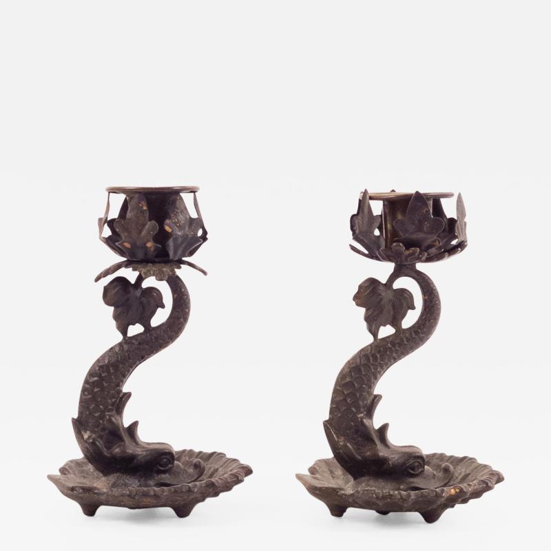 Circa 1830 Baroque Dolphin Candlesticks France A Pair