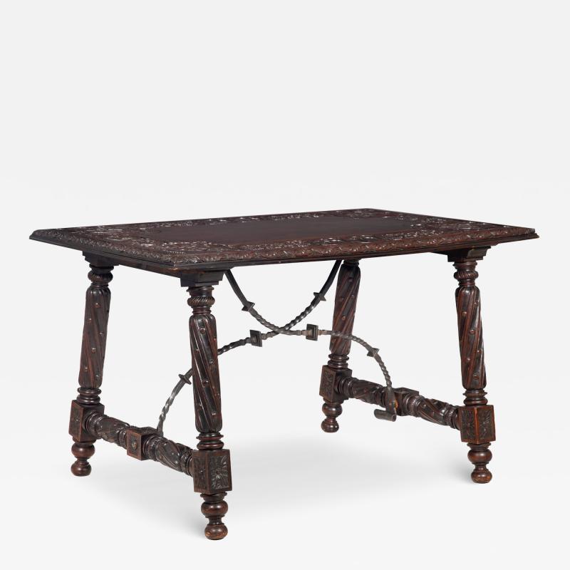 Circa 1900 Gothic Revival Antique Carved Walnut Library Table
