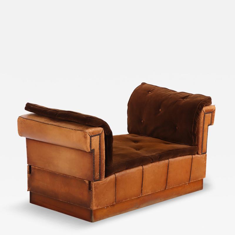 Circa 1920 Art Deco Modular Cognac Leather Chaise Lounge with Velvet Cushions