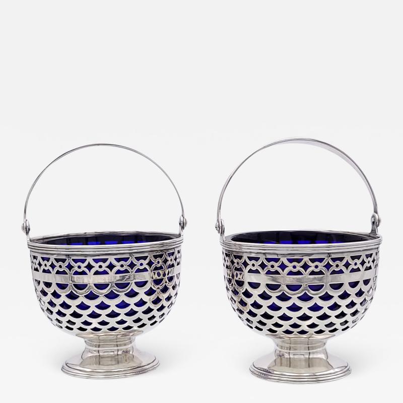 Circa 1920 Vintage Sterling Cobalt Lined Tiffany Baskets A Pair