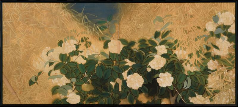 Circa 1925 Taisho era Japanese Nihonga Screen Camellia Bamboo