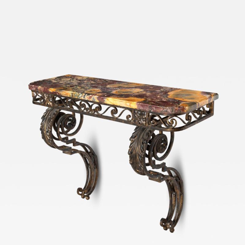 Circa 1930s Art Deco Wrought Iron Marble Console Pier Table