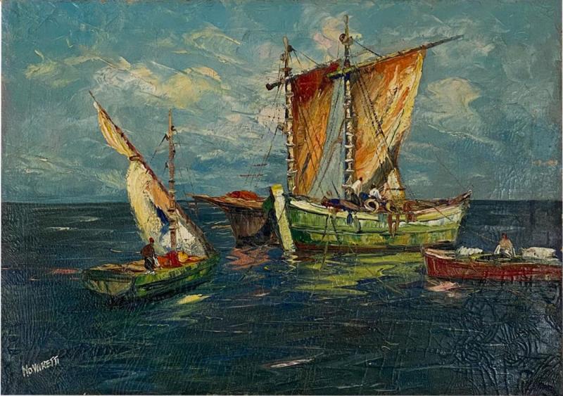Circa 1950 Trade Ships Oil on Canvas Italy