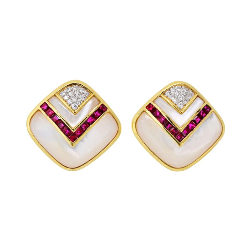 Circa 1980s 18K Yellow Gold Mother Of Pearl Diamond And Ruby Earrings
