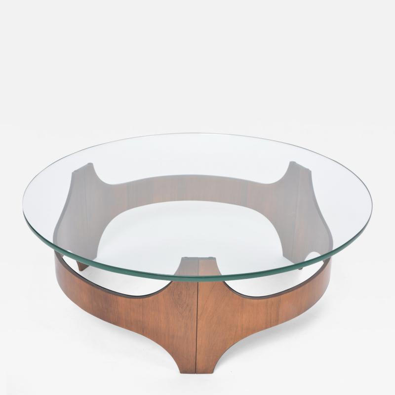 Circular Midcentury coffee table with wooden base glass top