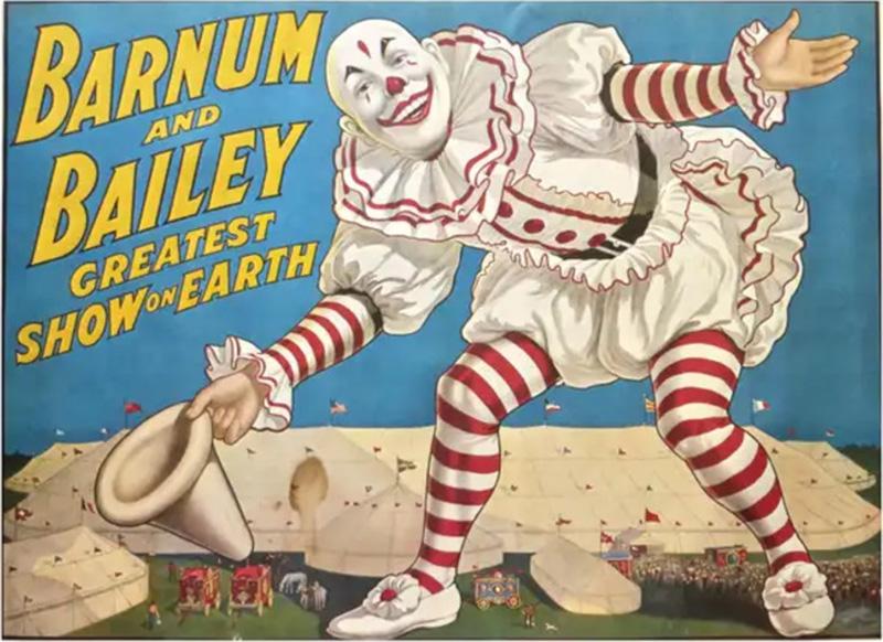 Circus Poster by Ringling Bros circa 1971 Clown Standing over Tents 